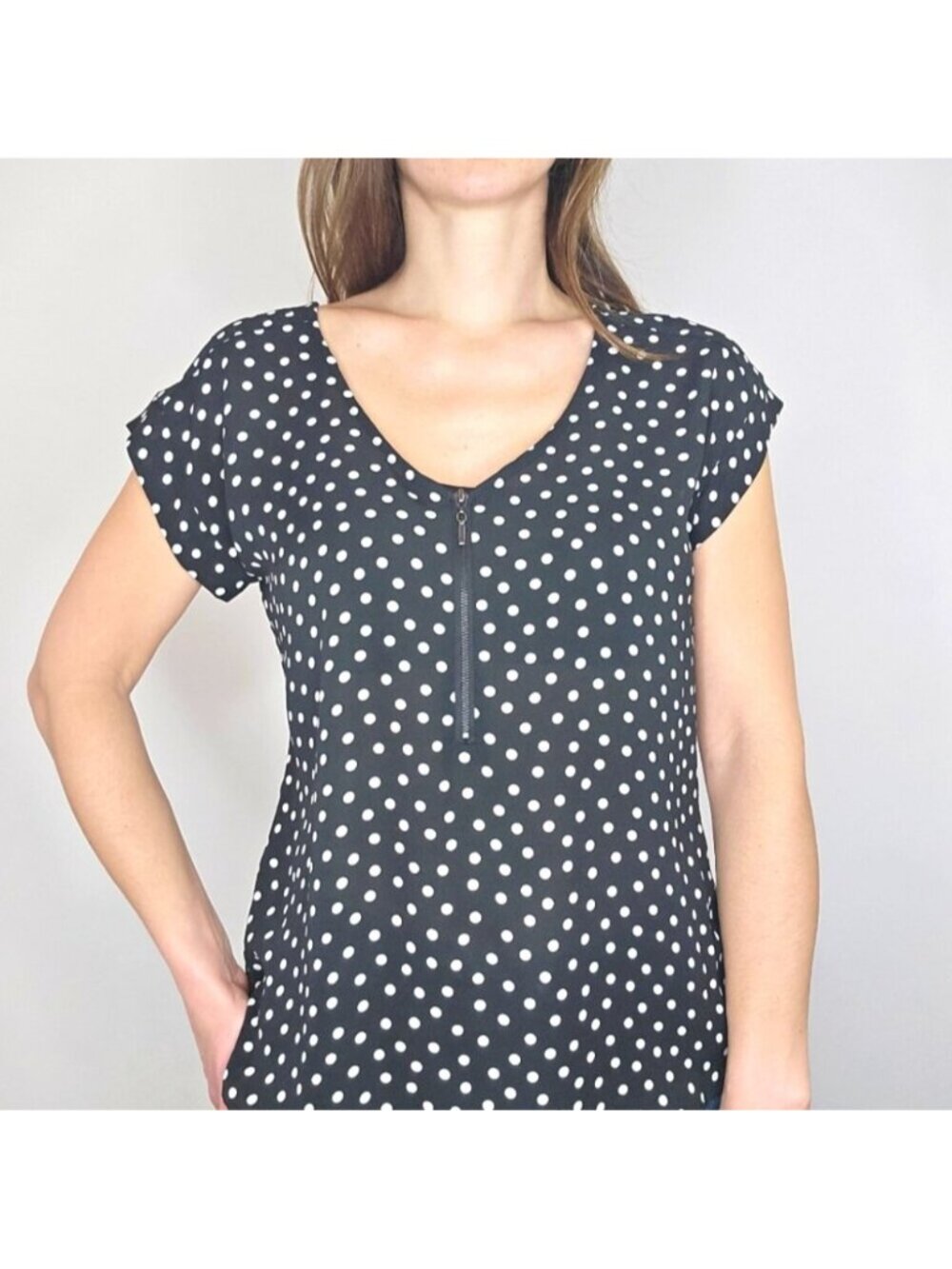 My Michelle Black and White Polka Dot Short Sleeve Blouse Size Medium